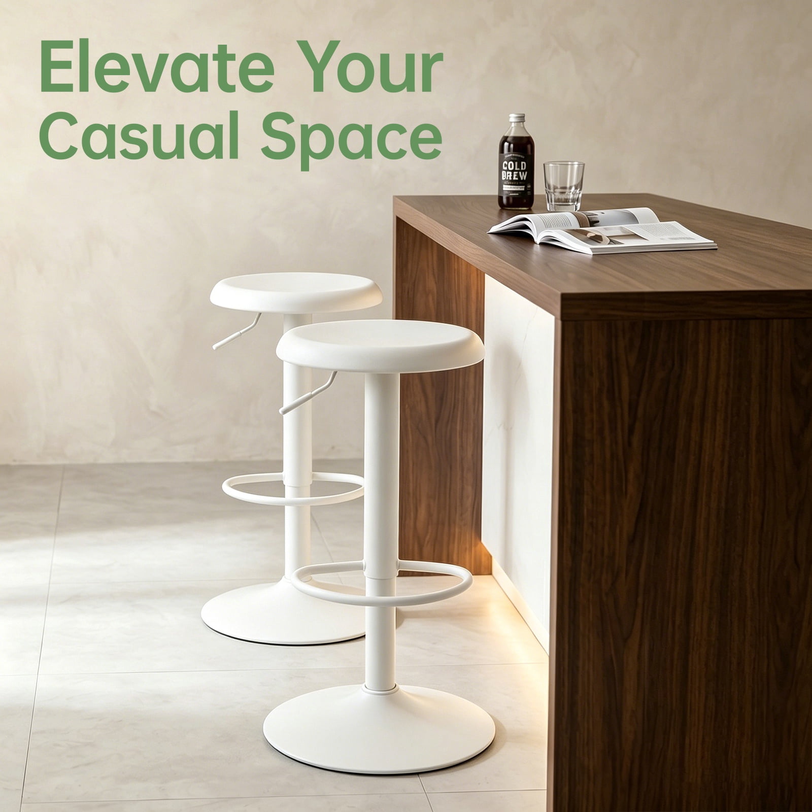 Single White Bar Stool, Adjustable 360° Swivel Counter Height Bar Stool, Industrial Backless Metal Bar Chair for Kitchen Island with Footrest
