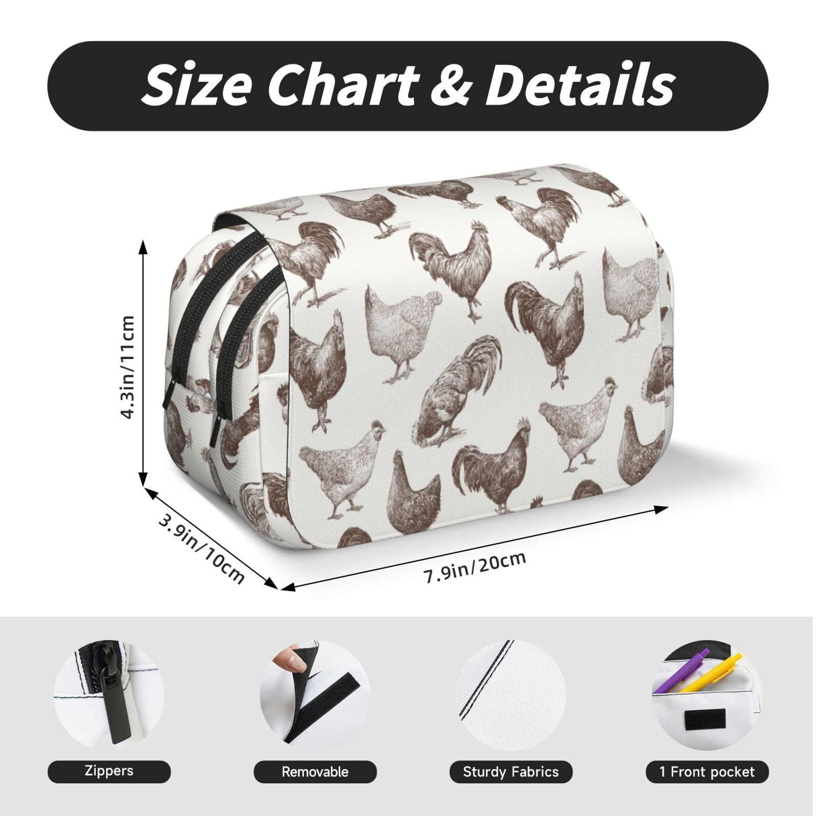 Rateoe Chickens Pattern Double Clamshell Pen Case, Storage Organizer with Two Zipper Compartments– Holds Up to 50 Pencils & Pens
