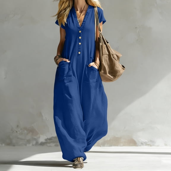 Cutuoiiu Women's Plus Size Wide Leg Pants, Solid Color V-Neck Short Sleeve Buttoned Jumpsuit with Pockets, Loose Cotton Pants for Women, Casual Fashion Jumpsuits for Women
