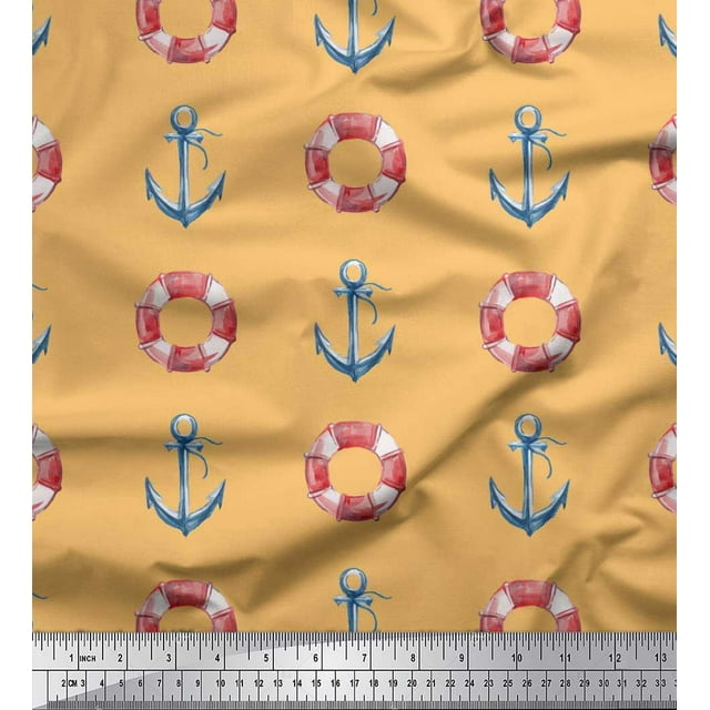 Soimoi Orange Poly Georgette Fabric Life Ring & Anchor Hook Nautical Decor Fabric Printed Yard 42 Inch Wide