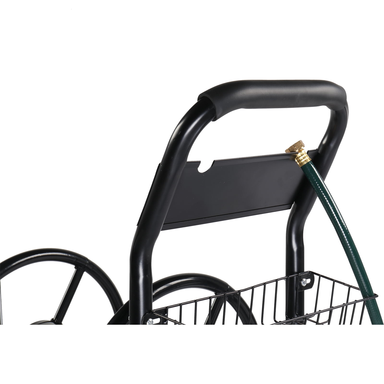 Heavy Duty Garden Hose Reel Cart with 4 Wheels & Storage Basket, Powder-Coated Steel Frame, Brass Fittings, Foam-Padded Handle, Mobile Water Hose Caddy for Yard Lawn Commercial Use
