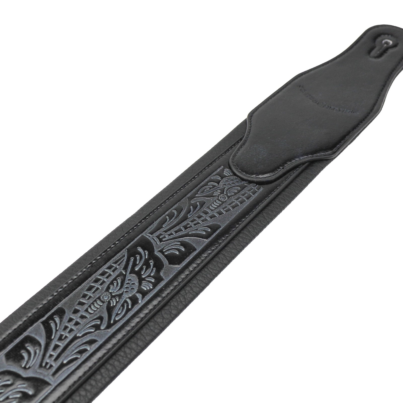 Walker & Williams G-118 Black on Black Padded Guitar Strap with Embossed Tooling & Padded Glove Leather Back
