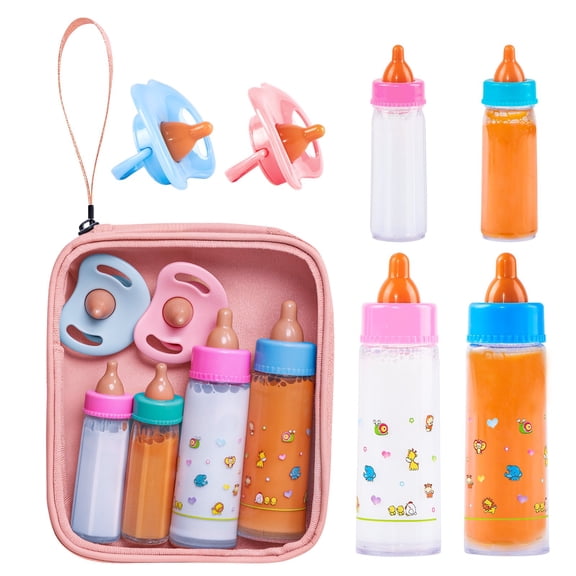 Baby Doll Bottle Accessories - 6 Pcs Feeding Bottle Toys, Magic Disappearing Milk & Juice, Pretend Play Set with Pacifiers Kids Gift Pink