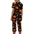 thumbnail image 6 of Women's Halloween Pajama Set Short Sleeve V Neck Top and Cropped Pants Lightweight Breathable Lounge Outfit with Pumpkin Print Casual Sportswear for Daily Wear Black L, 6 of 6