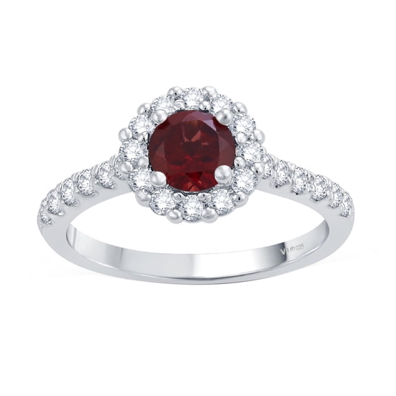 V3 Jewelry 925 Sterling Silver with Natural Garnet and White Topaz Halo Ring for Women