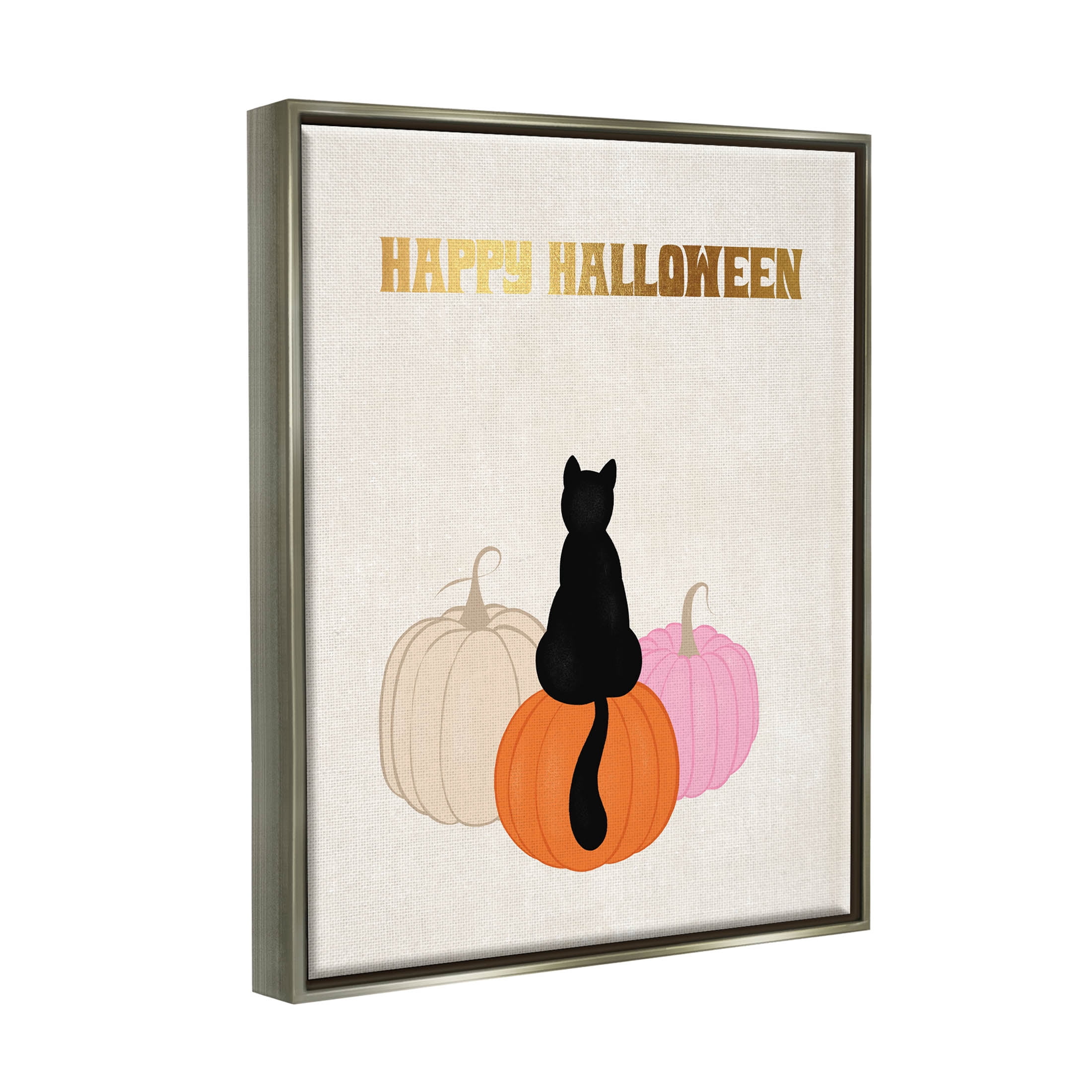 Happy Halloween Black Cat Pumpkins Holiday Graphic Art Luster Gray Framed Art Print Wall Art