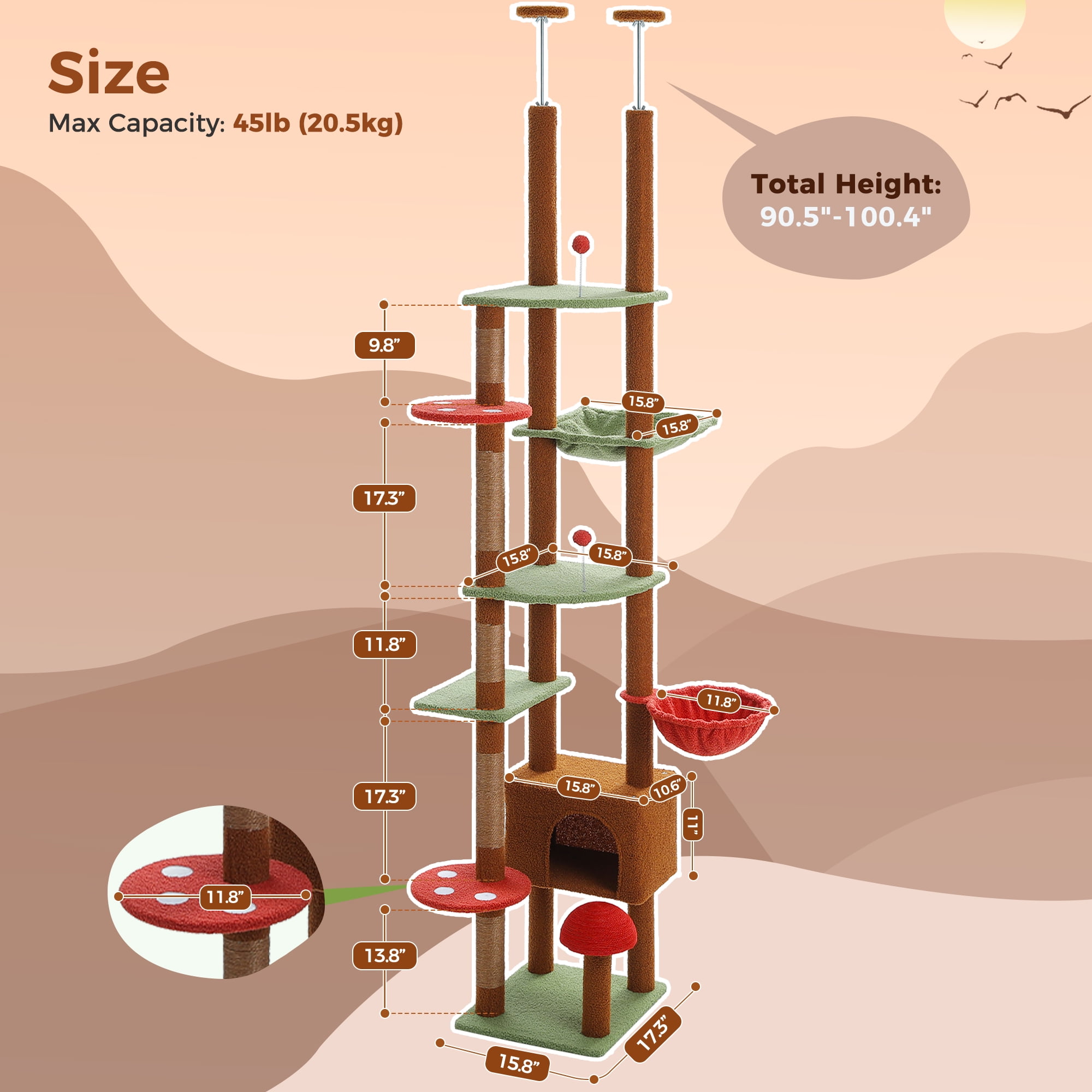 PAWZ Road 90.5-100.4" Floor to Ceiling Cat Tree Tower, Adjustable Climbing Tree for Large Cats Scratching, Brown