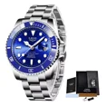 thumbnail image 1 of Reloj pulsera Lige LG10045 con correa de acero inoxidable color plateado - fondo azul - bisel azul /plateado, 1 of 8