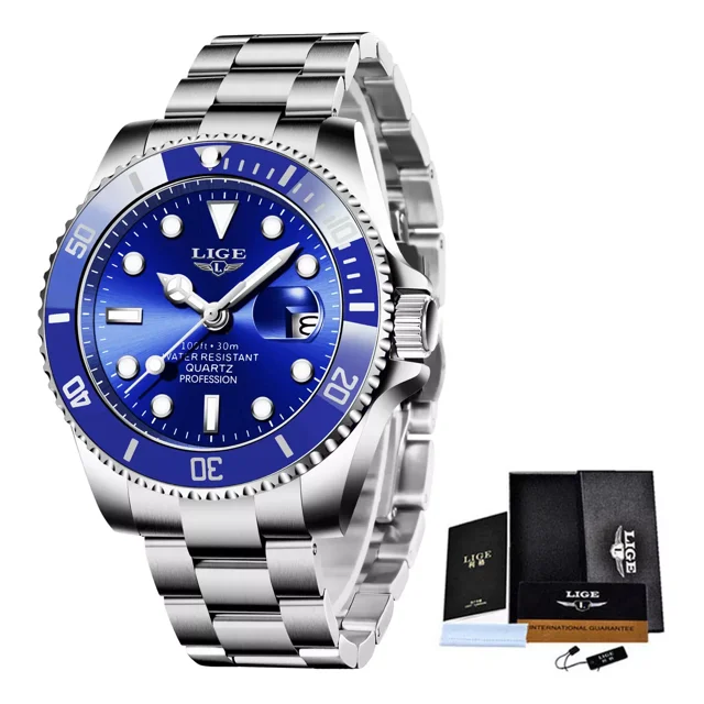 Reloj pulsera Lige LG10045 con correa de acero inoxidable color plateado - fondo azul - bisel azul /plateado