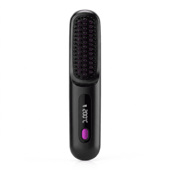 TWEJMZU Professional 7.87" x 1.77" x 1.18" Plastic Heated Hair Straightening Brush, Cordless, LCD Temperature Display, Portable, USB Type-C Charging, Black