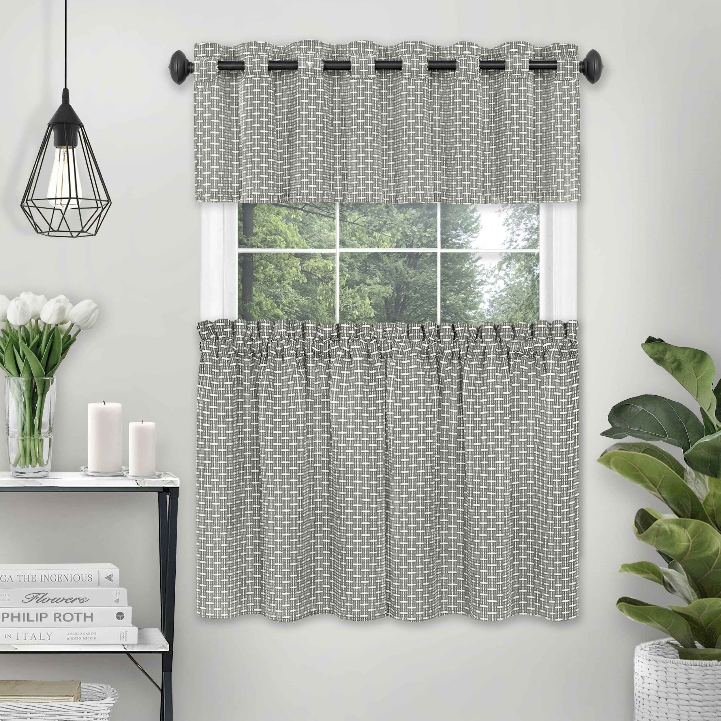 Achim Bedford Rod Pocket Light Filtering Curtain Tier Pair, Grey, 58" x 36"