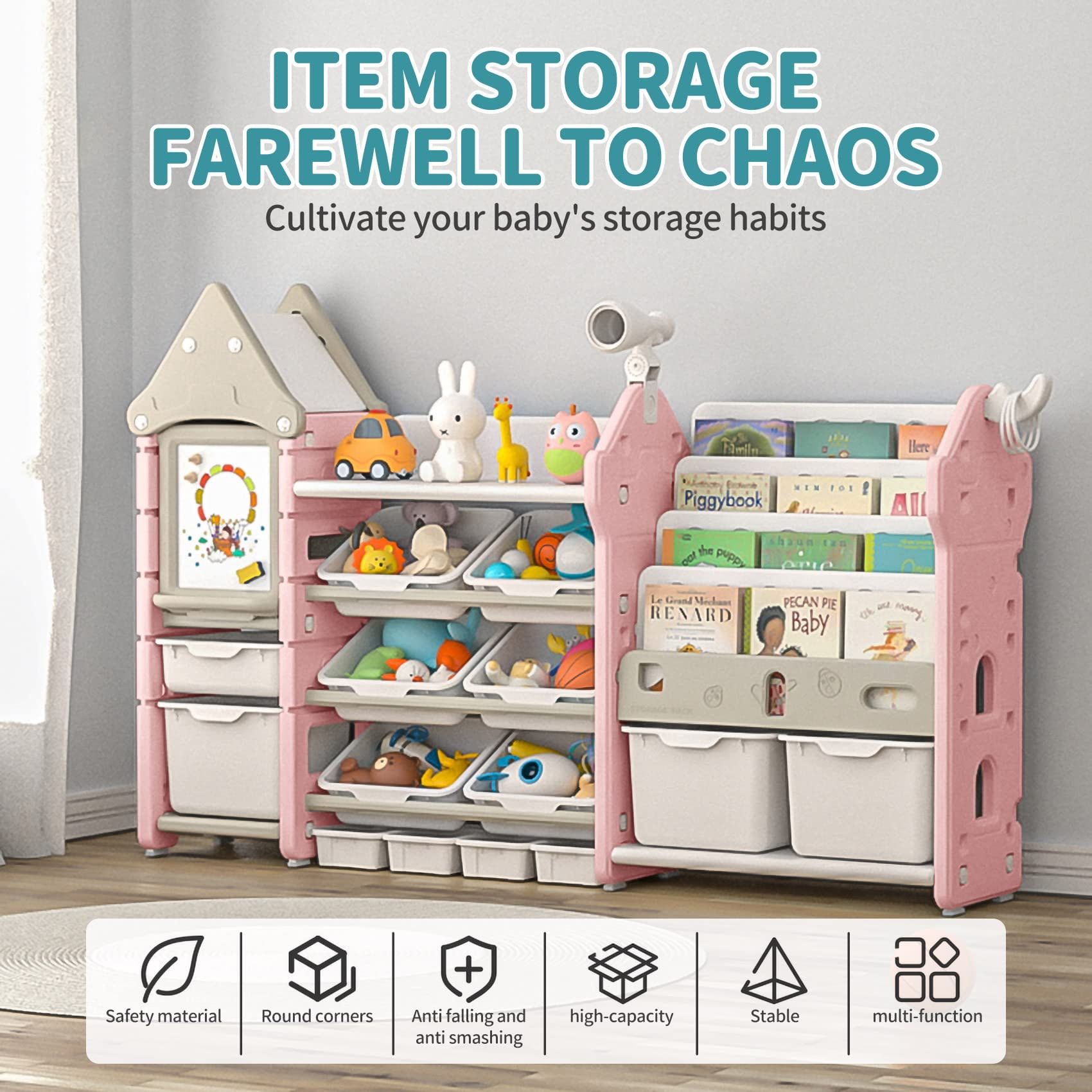 UNICOO® Kids Toy Storage Organizer and Children Bookshelf, with 14 Bins, Pull-Out Drawers Multipurpose Shelf for Toddlers to Organize Toys and Books (Magic Castle ? Pink)
