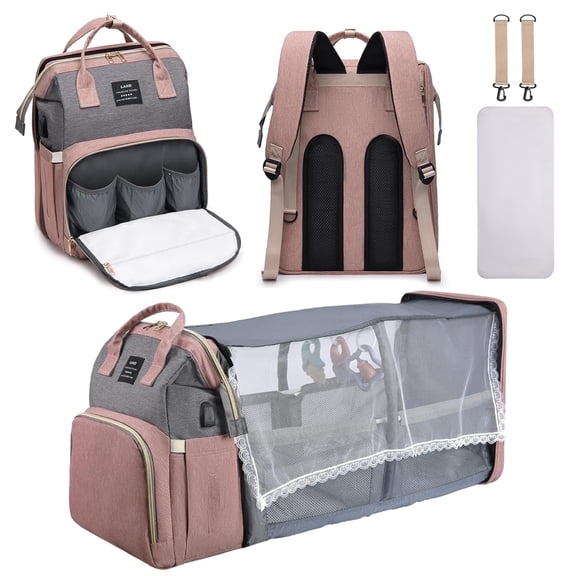 RSENFREMIOR Diaper Bag with Changing Station for Mom Dad, Large Capacity Travel Backpack with Foldable Crib for Girls Boys