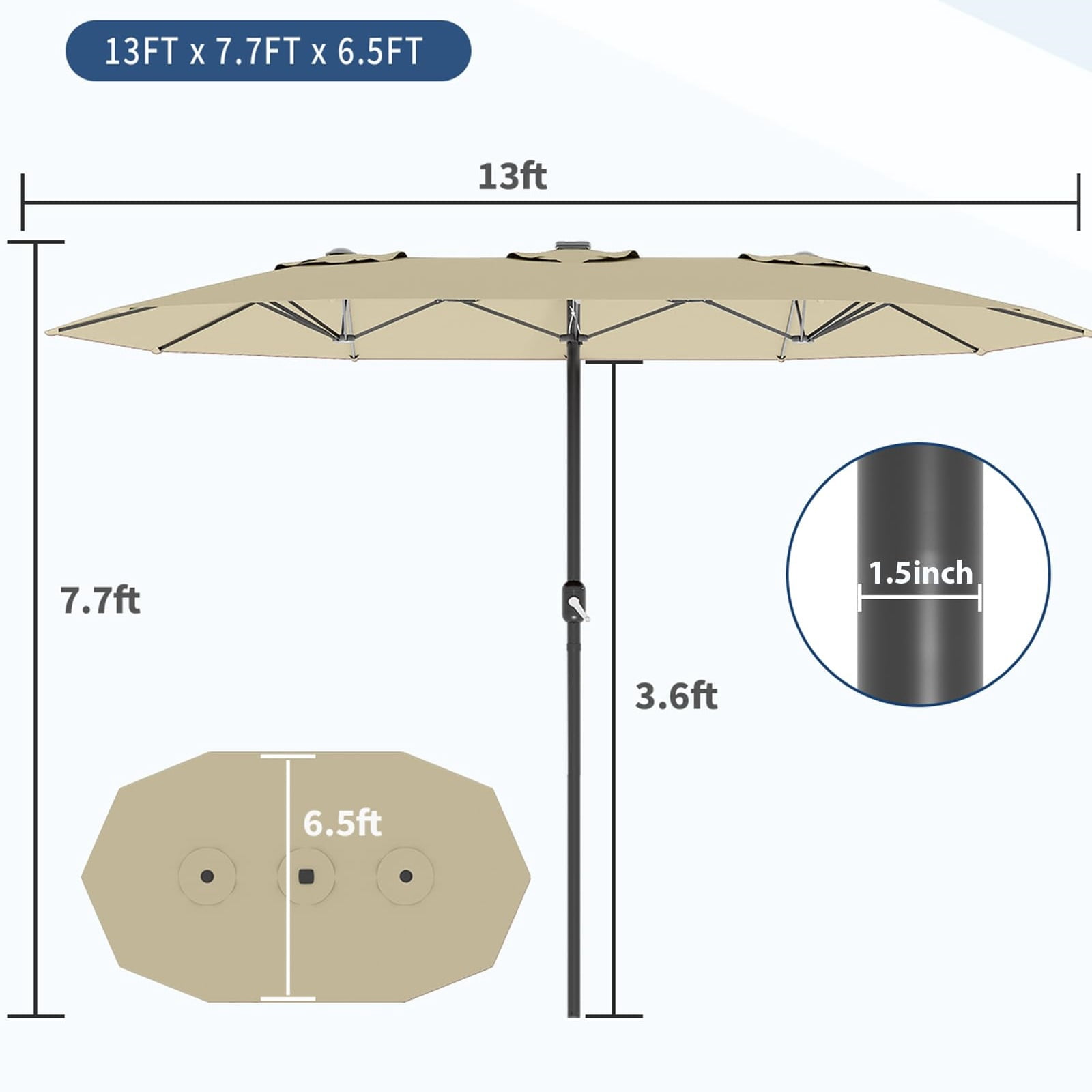WildBreak Triple Size Large Patio Umbrella, with Crank Handle, Double-Sided, 13' x 6.5', Beige