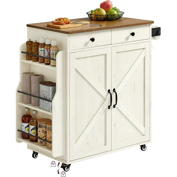 VASAGLE Isla de Cocina Móvil, Carro Portátil, 45 x 92.6 x 91.5 cm, para Comedor, Blanco Rústico y Marrón Miel