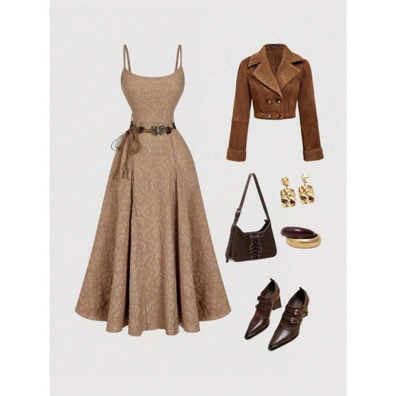 Brown Womens A-Line Lace Dress With Belt, Western Bohemian Style, Sleeveless, Maxi Length