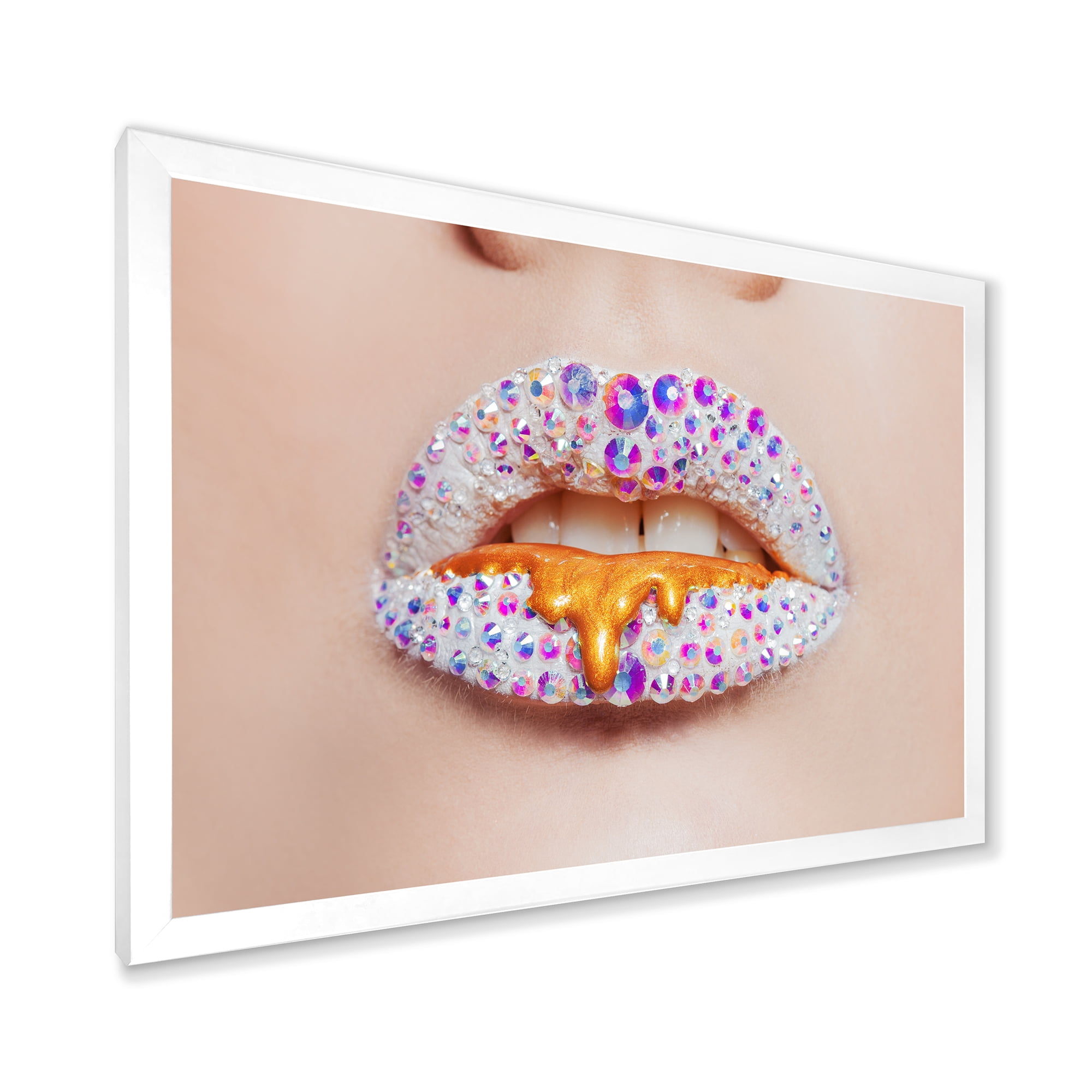 Designart 'Shining Woman Lips Covered With Rhinestones and Smudges' Modern Framed Art Print