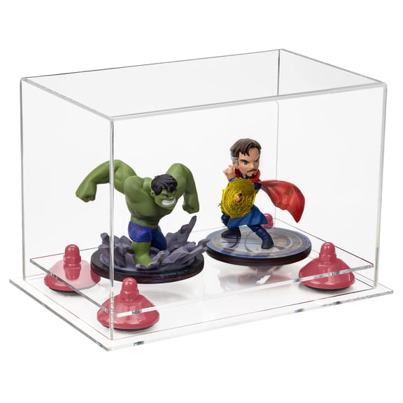 Versatile Acrylic Clear Display Case - Small Rectangle Box with Pink Risers and Clear Base 9.5" x 6" x 6.5" (A005-PNR)