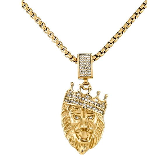 Focus for Men by Simone I. Smith, Crowned Lion Pendant with Simulated Diamonds in Stainless Steel with Gold Tone Ion Plating, 24" Chain