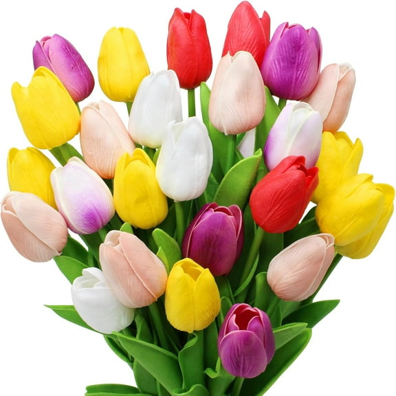 30 pcs Flowers Artificial Tulip Stems Real Feel PU Tulips for Easter Spring Wreath Wedding Bouquet Centerpiece Floral Arrangement Cemetery Table Decor