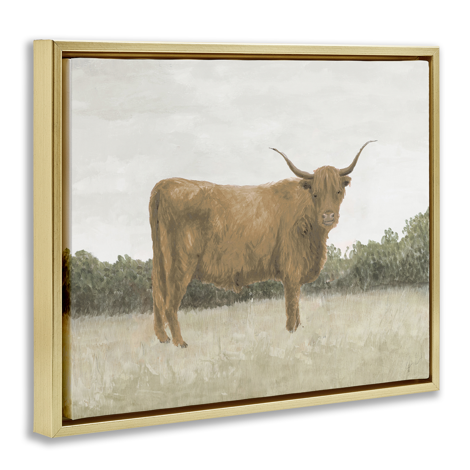 Stupell Industries Brown Cattle Gazing Animals & Insects Painting Gold Floater Framed Canvas Art Print Wall Art, 31 x 25