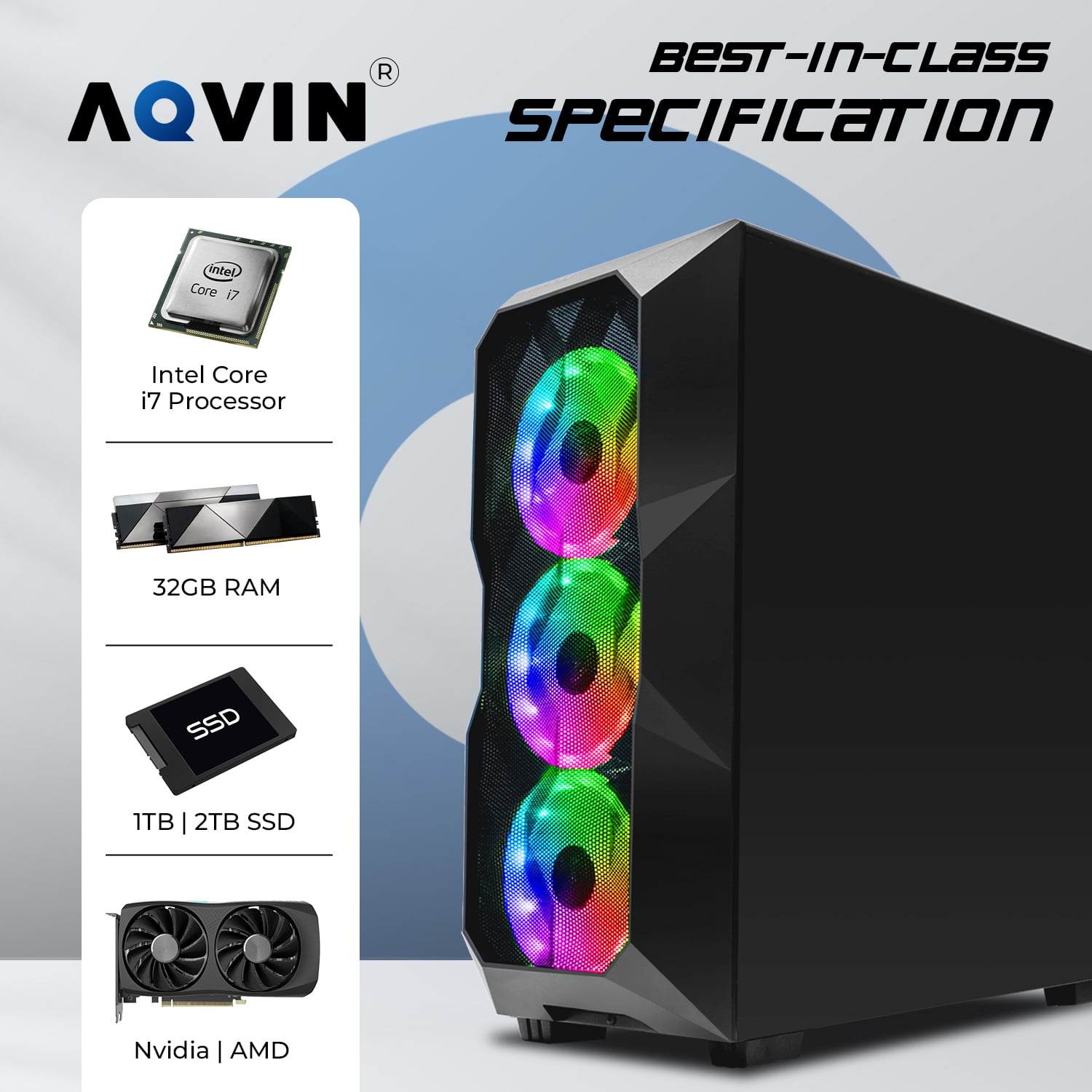 AQVIN AQB70 Gaming Desktop Computer PC Tower, Intel Core i7 CPU, processor 32GB DDR4 RAM, 1TB SSD, GeForce RTX 3050 6GB Graphics Card, Windows 10 Pro, RGB Keyboard and Mouse