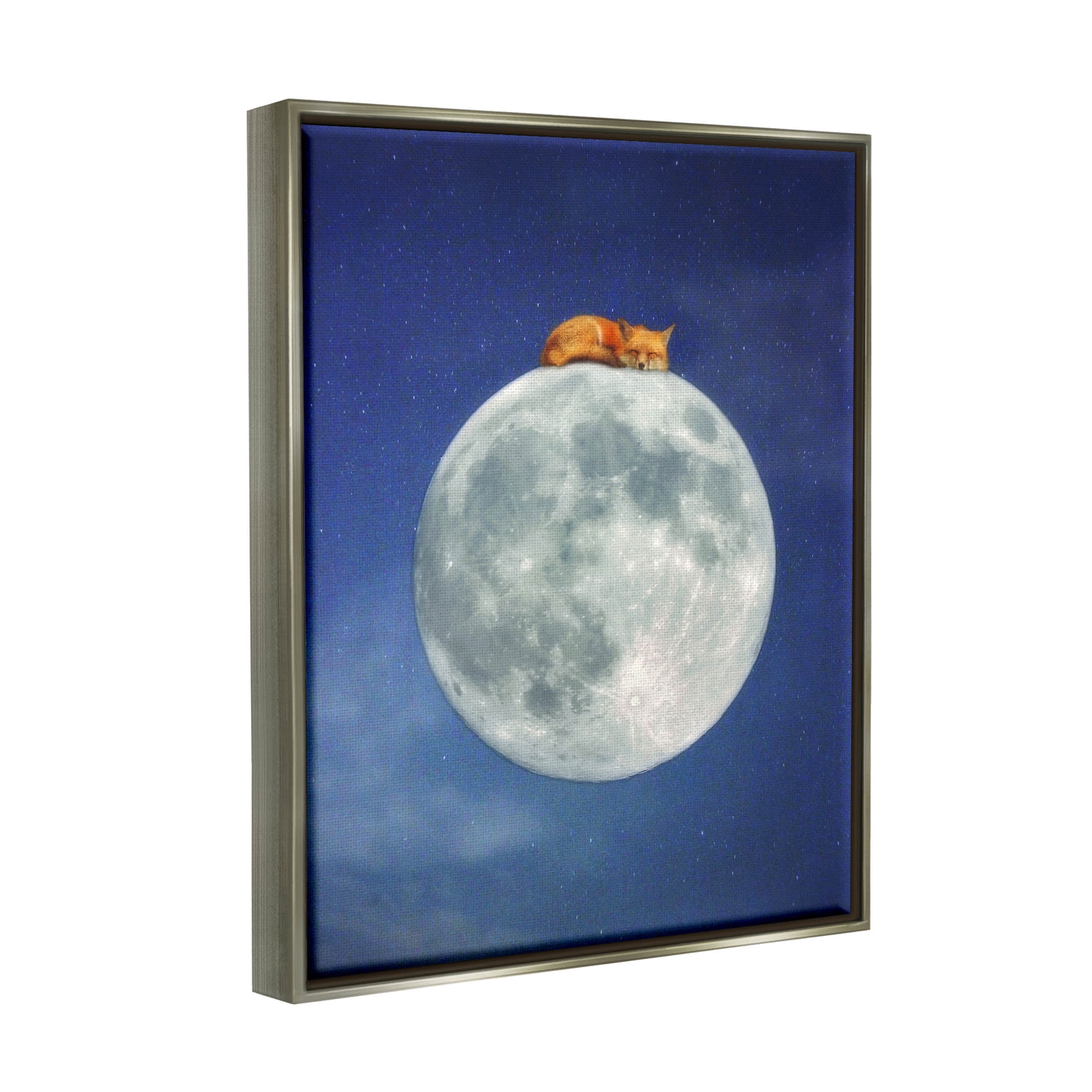 Stupell Industries Fox Sleeping Night Sky Moon Graphic Art Luster Gray Floating Framed Canvas Print Wall Art, Design by Carrie Ann Grippo-Pike