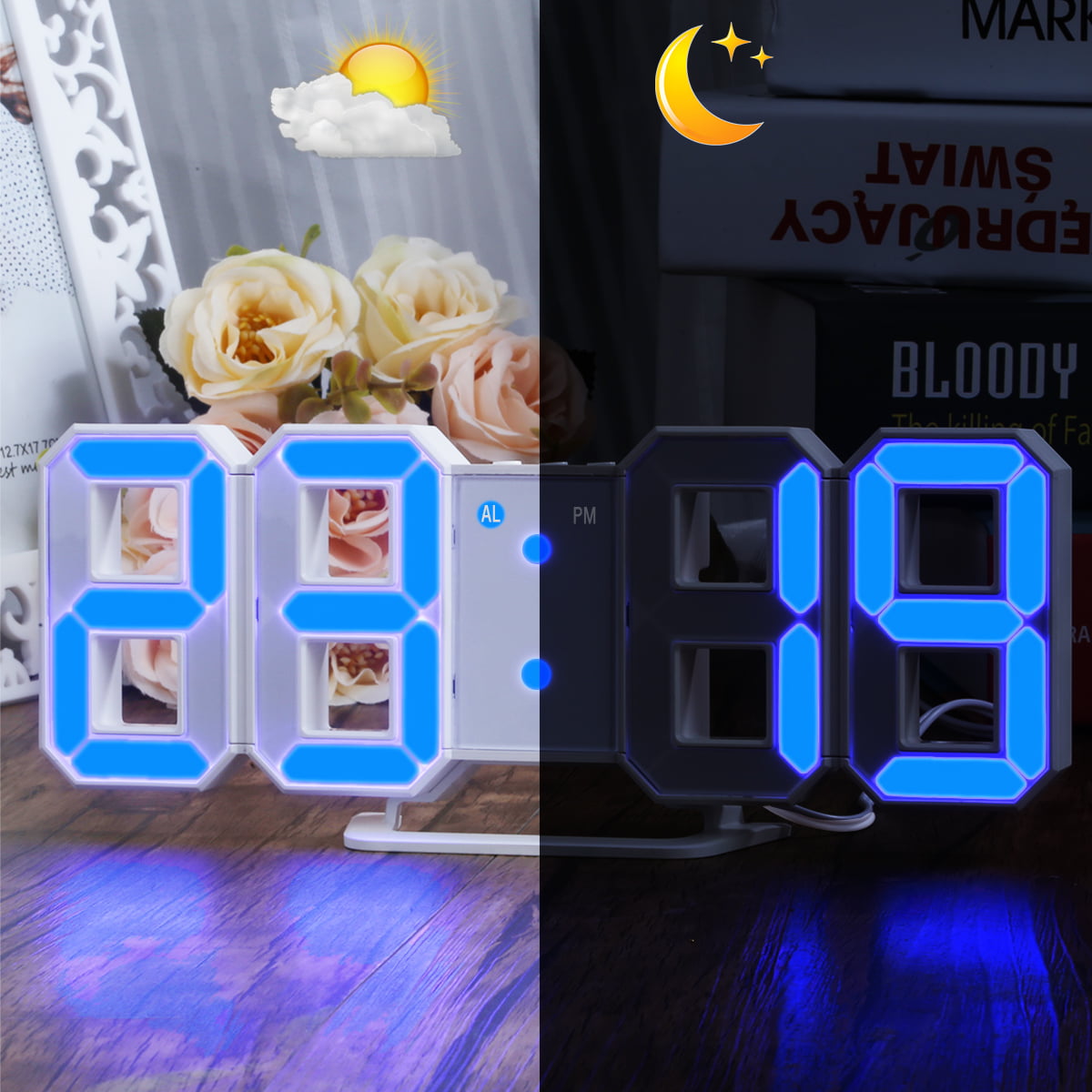LED Digital 3D Display Table Wall Clock Battery Backup Digits Alarm Snooze Clock 