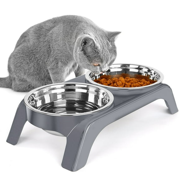 YOYAHATEM Elevated Cat Food Bowl Set with 2 Stainless Steel Bowls and Anti-Slip Stand for Indoor Cats and Puppies, Grey