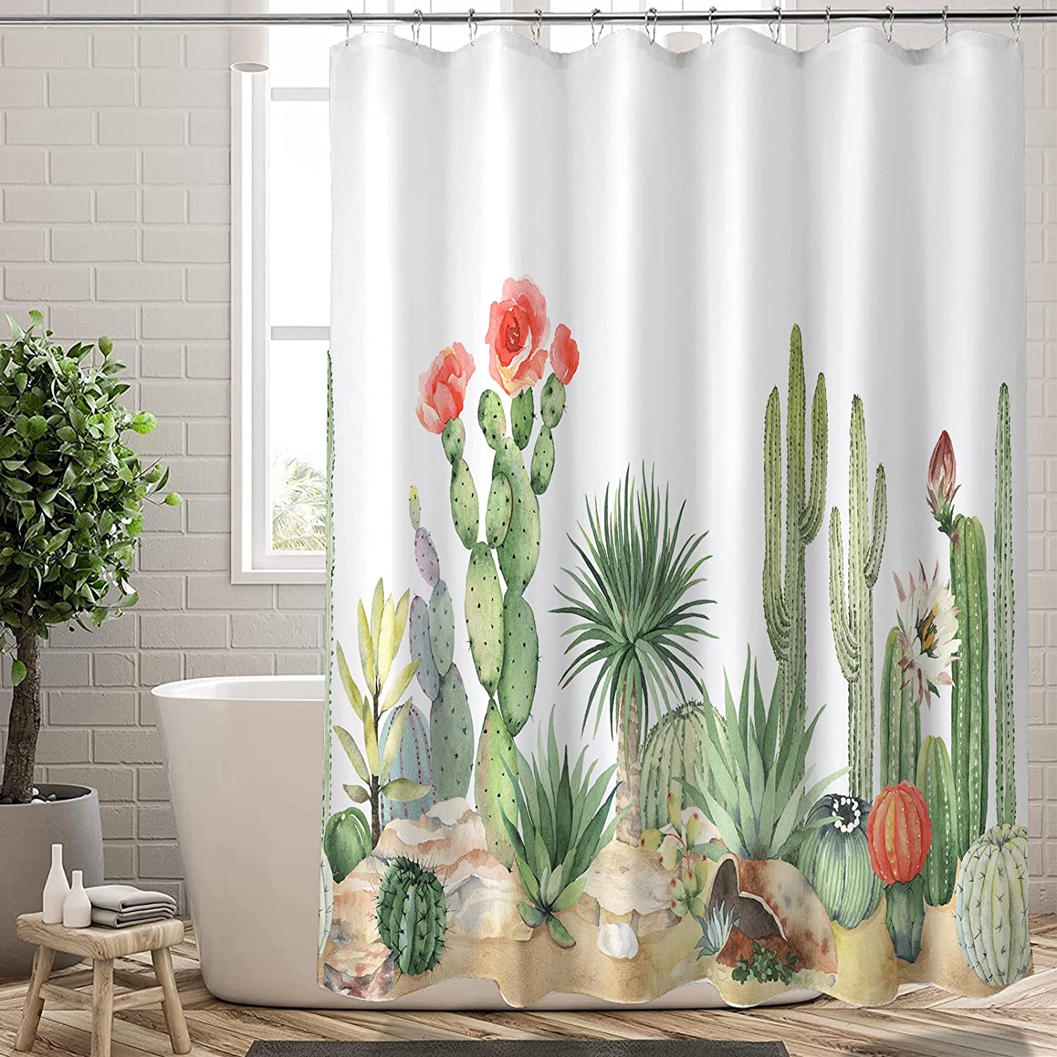 Extra Long Shower Curtain 72x84 inch Length,Green Cactus Shower Curtain ...