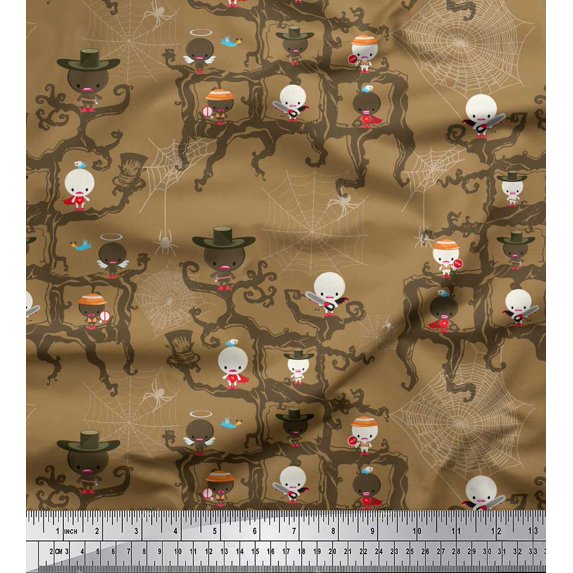 Soimoi Brown Silk Fabric Hat & Devil Cartoon Printed Fabric 1 Yard 42 Inch Wide