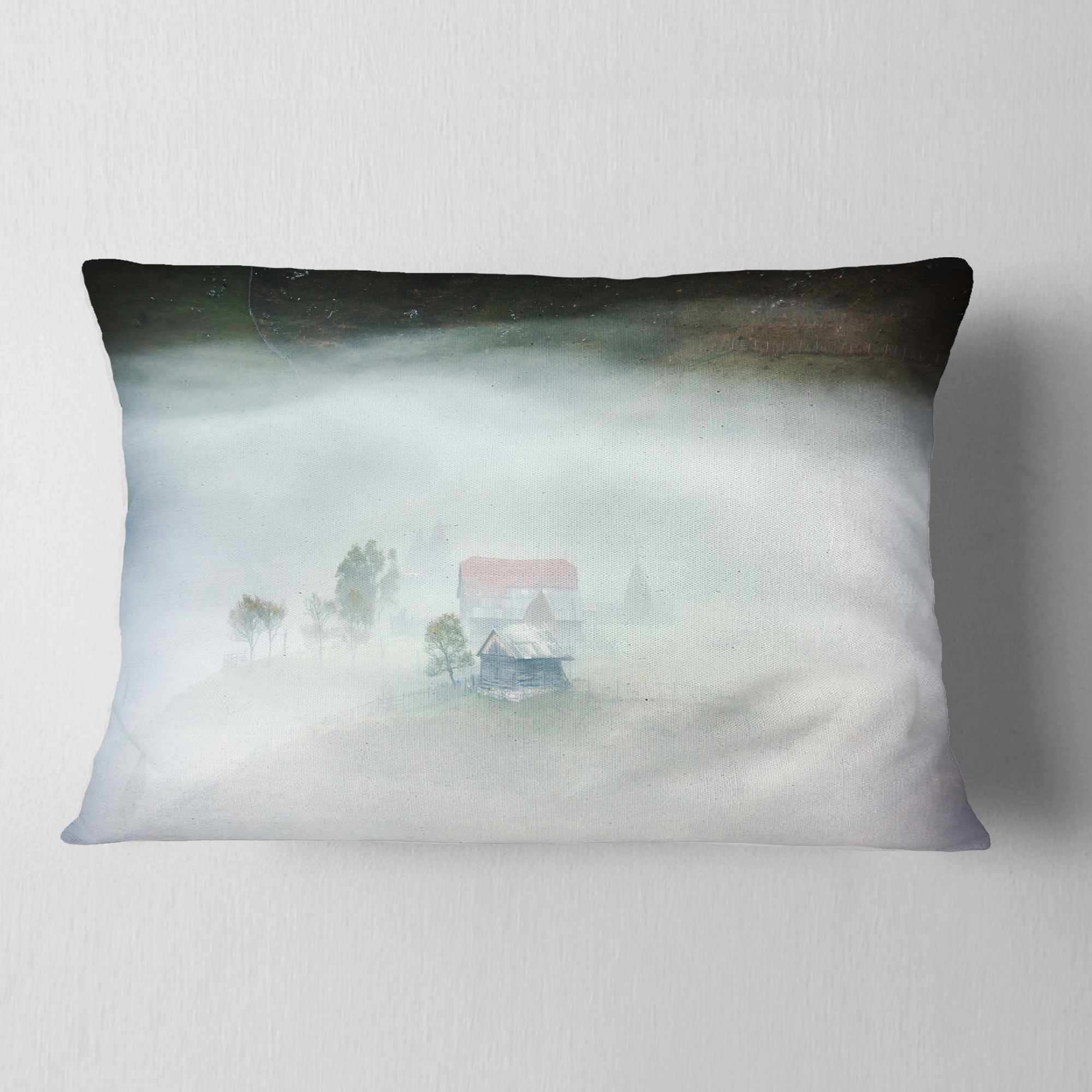 Designart Morning Fog at Sunrise - Landscape Photo Throw Pillow - 12x20