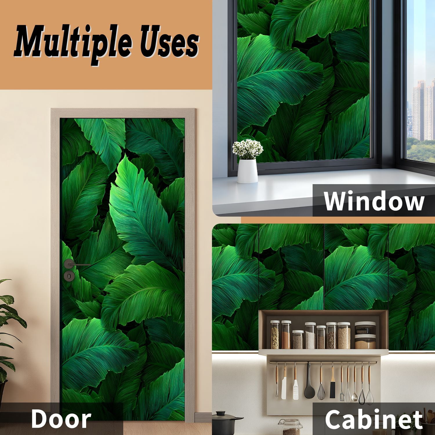 Self Adhesive Vinyl Refrigerator Wrap Set palm frond Tropical leaves Banana leaf Exotic design Door Mural Removable Fridge Sticker Peel and Stick&nbsp;Full Door Cover Decal Kitchen Bar Decor