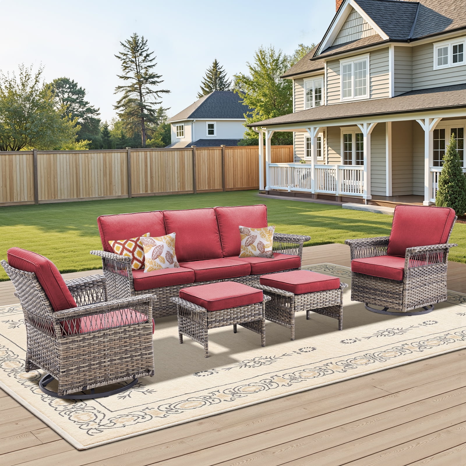 PPorfamilia 5 Piece Patio Sectional Furniture Set, All-Weather Rattan Outdoor Padded Conversation Sofa Sets with 2 Rocking Swivel Chairs for Backyard Poolside Deck, Red Cushions