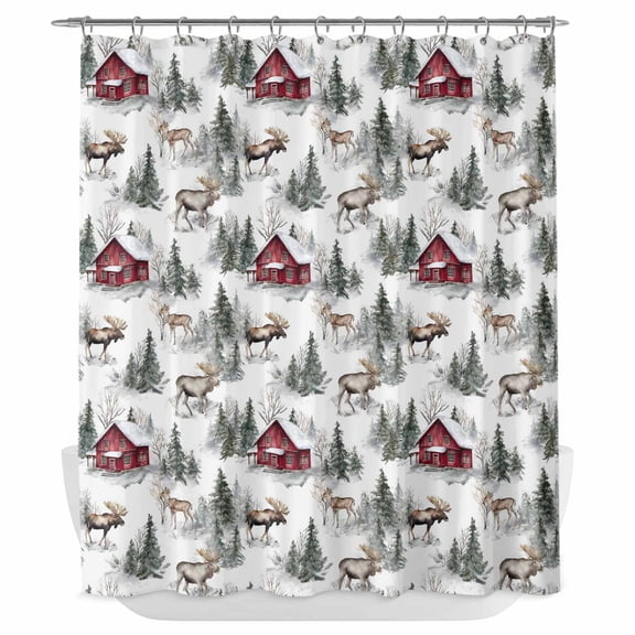 Xipuska Christmas Shower Curtain - Water Repellent Fabric Shower Curtains Washable, Farmhouse Deer Winter Elk Xmas Tree Decorative Polyester Cloth Bathroom Curtains Modern Bath Decor 72"x78"