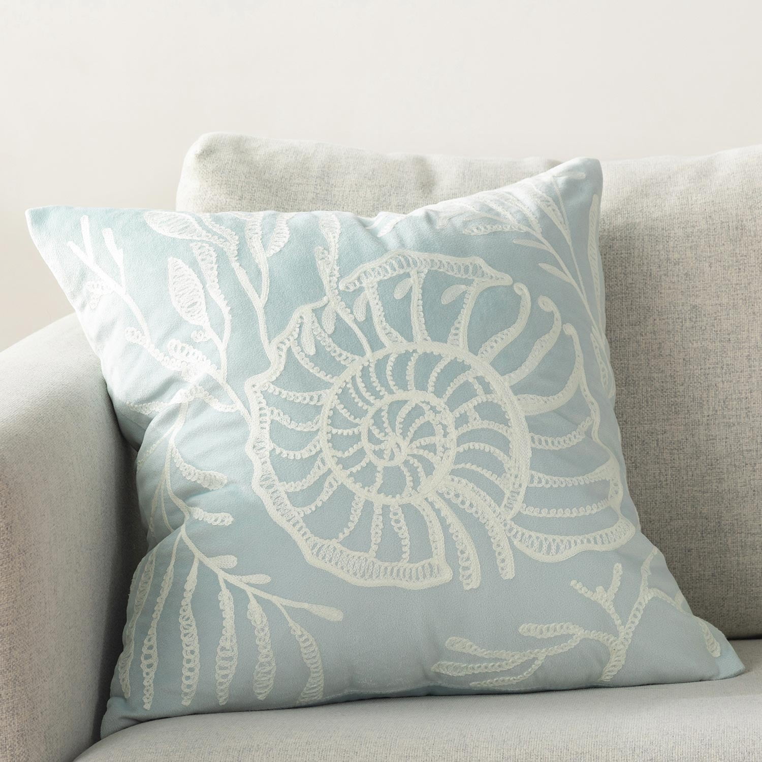 Phantoscope Velvet Embroidered Conch Seashell Throw Pillows, Coastal Coral Design, Light Blue, 18 x 18 in, Set of 2