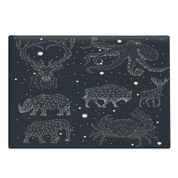 Blue and White Cutting Board, Celestial Constellation Deer Bison Crab Octopus, Decorative Tempered Glass Cutting and Serving Board, Large Size, Dark Blue and White, by Ambesonne