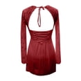 thumbnail image 4 of Fiaer Women 's Elegant Bodycon Dress Lace Patchwork Long Sleeve Low Cut Mini Dress Backless Tie-Up Going out Dress Red S, 4 of 5
