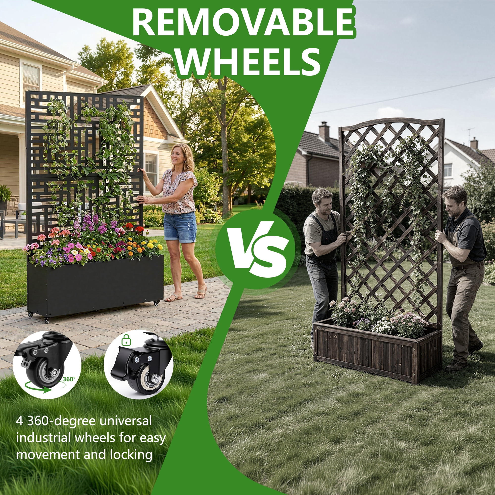 FOOWIN 71'' H Metal Planter with Trellis and Wheels , Outdoor Raised Garden Bed for Climbing Plants, Trellis Planter Box with Drainage Hole, Black