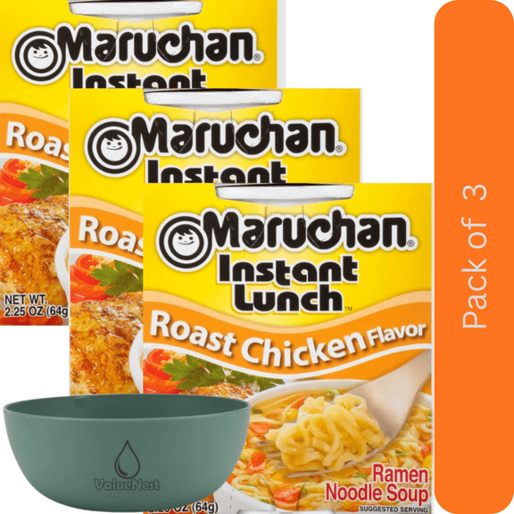 Maruchan Instant Lunch Ramen Noodles Roast Chicken 2.25 oz Cup, 3 Pack with Bowl by Value Nest