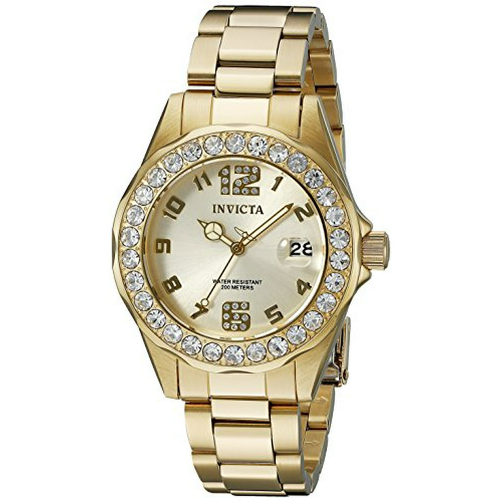 Invicta 21397 Women's Pro Diver Crystal Accented Bezel Gold Dial Yellow Gold Steel Dive Watch