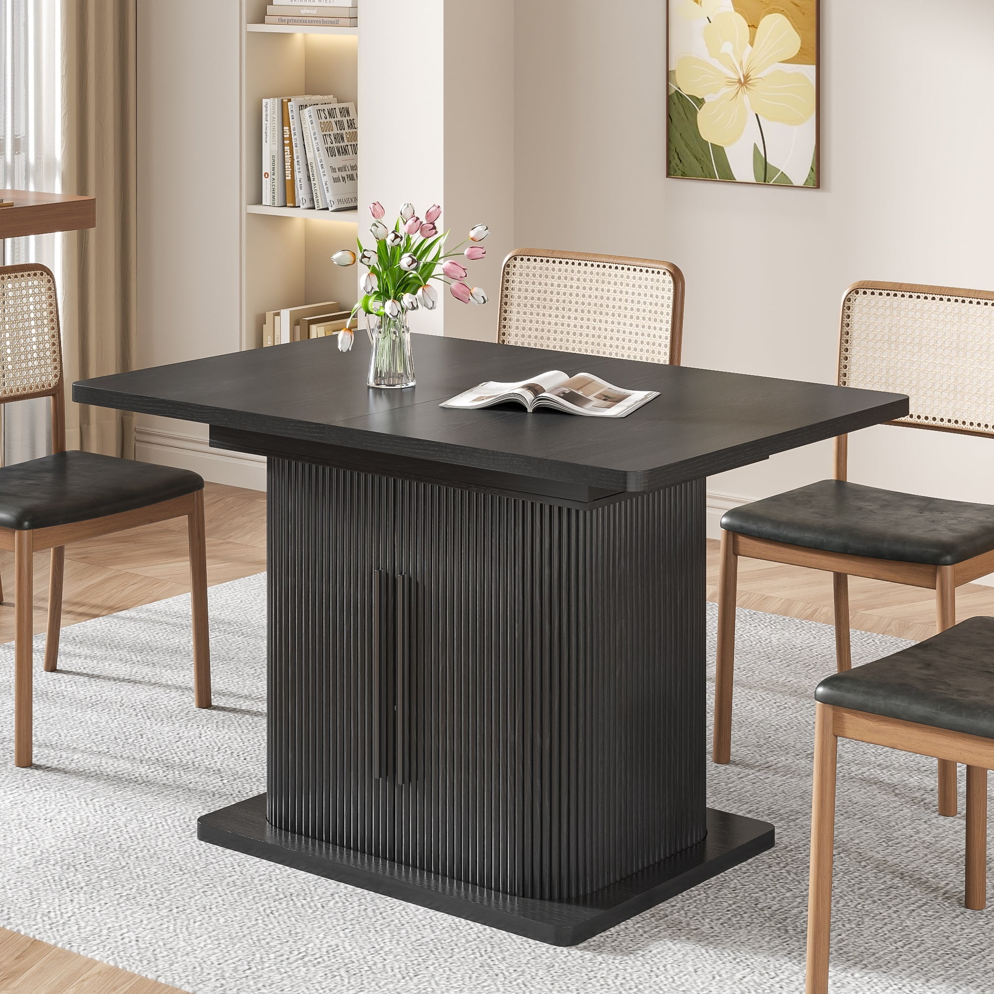 Extendable Dining Table, Rectangle Kitchen Table with Storage Shelf, Modern Dining Room Table, Living Room, Office, Black