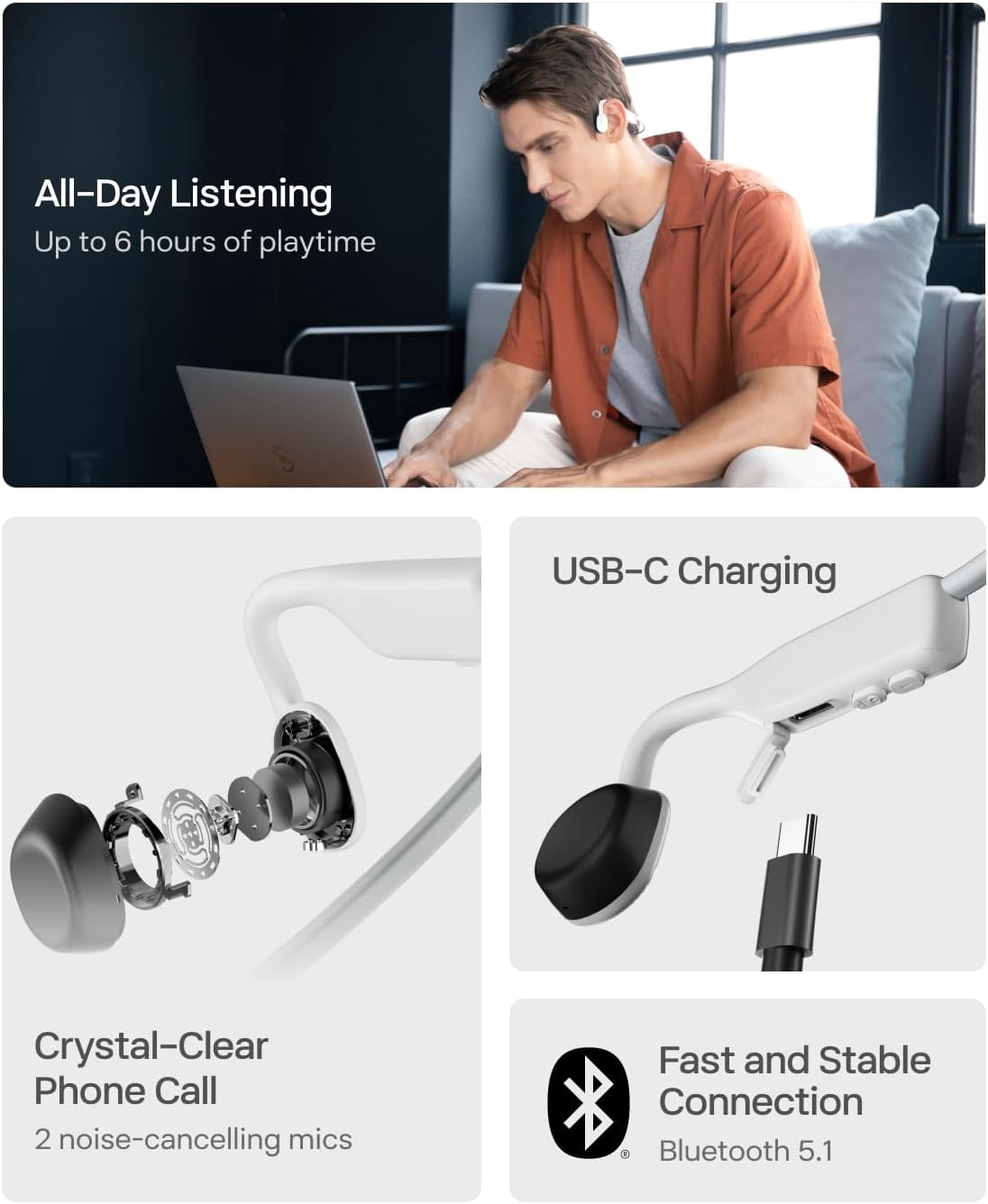 Restored Shokz OpenMove Bone Conduction Waterproof Bluetooth Headphones for Sports(Formerly Aeropex), White (Refurbished)