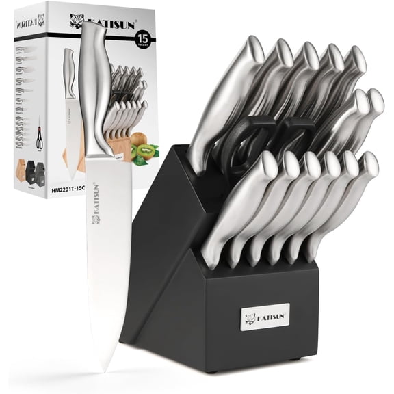 Kitchen Knife Set, 15 Pieces Knife Set with Block, Knives Set for Kitchen, Silver Hollow Ergonomic Handle for Chef Knife Set, Kitchen Shears,Black Knife Block Set