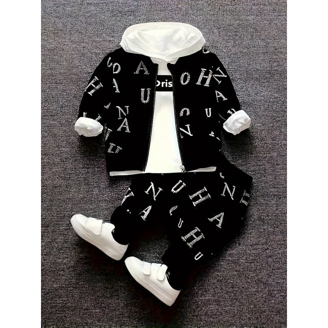 Printemps et Automne Nouvelle Mode Tendance Veste à Capuche Lettres Ensemble Trois Pièces pour Garçons