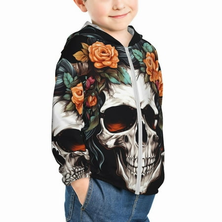 

Uemuo Flower Horn Skull Pattern Rash Guard for Boys Girls Long Sleeve Swim Shirts UPF 50+ UV Sun Protection Hooded Fishing Shirt with Pocket for Kid-2 Years