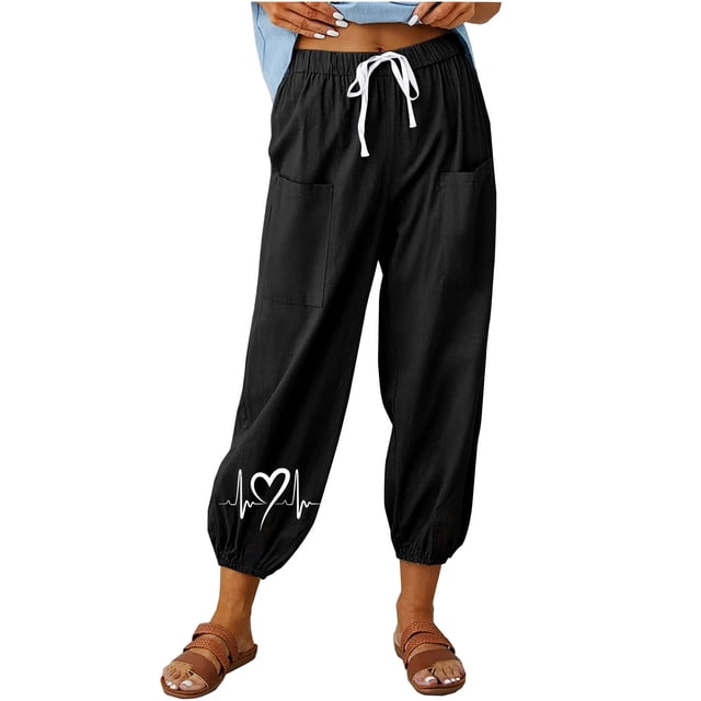 ameIAEA Womens Elastic Waisted Drawstring Pants Wide Leg Print Casual Trousers with Pockets