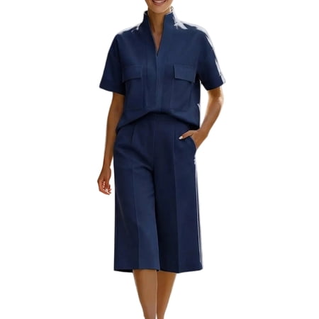 PUMXQ Two Piece Matching Outfits for Women Short Sleeve Collared Shirt High Waist Wide Leg Midi Capri Culottes Casual Dressy Daily Pantsuit Navy XL PUMXQ Two Piece Matching Outfits for Women Short Sleeve Collared Shirt High Waist Wide Leg Midi Capri Culottes Casual Dressy Daily Pantsuit Navy XL