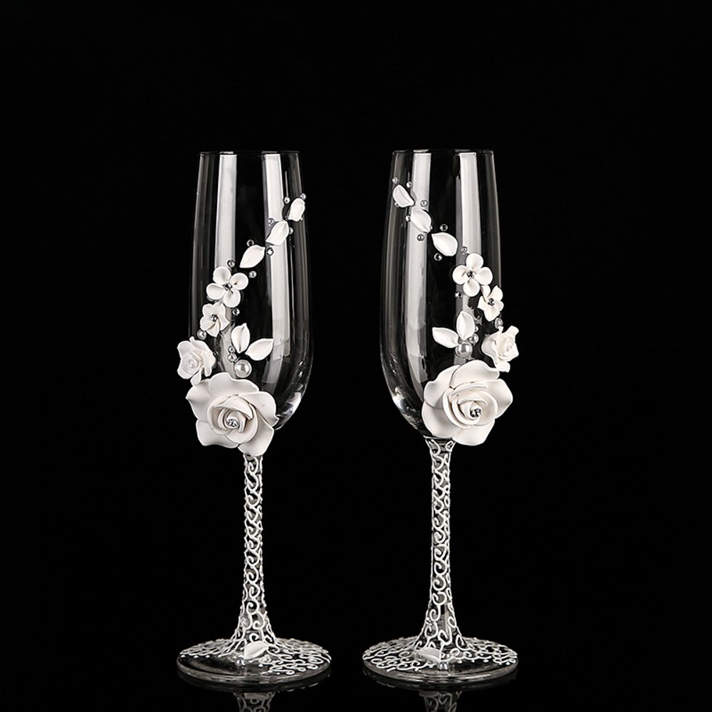 White Champagne Wedding Toast Glasses Handmade Pearl & Flower Bride And