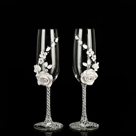White Champagne Wedding Toast Glasses Handmade Pearl & Flower Bride And Groom Flutes, His And Hers Flute - Wedding Gift